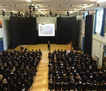 Freddie Knoller sharing his testimony at an assembly at Royal Wootton Bassett Academy